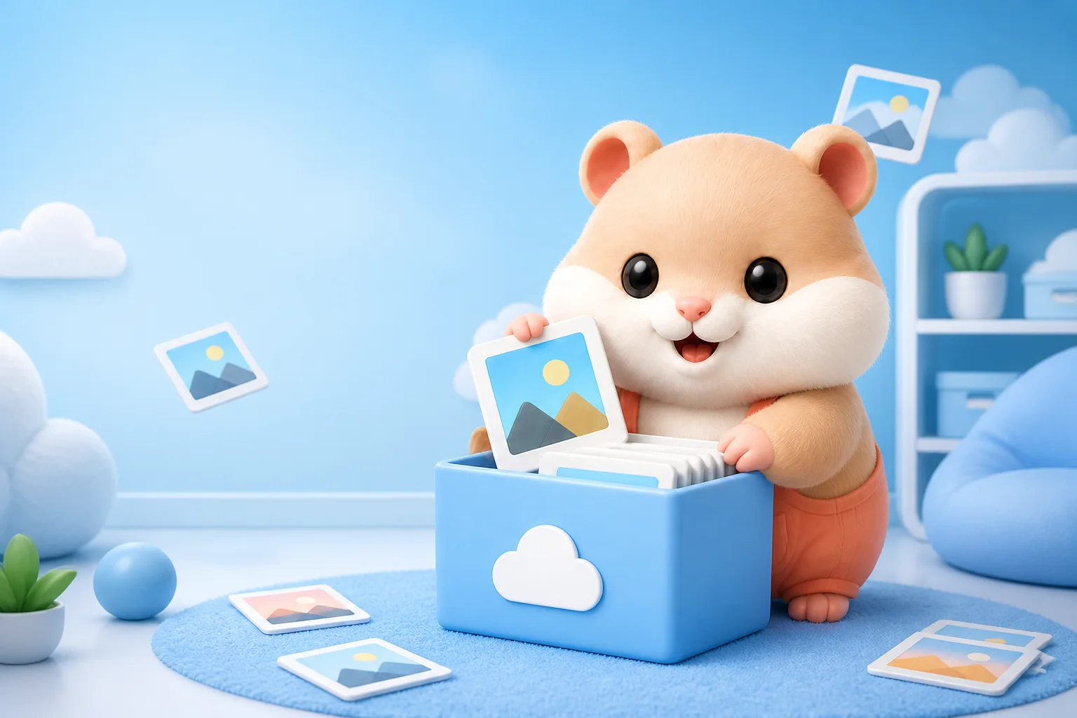 HammyBackup hamster organizing photo cards into a secure storage box
